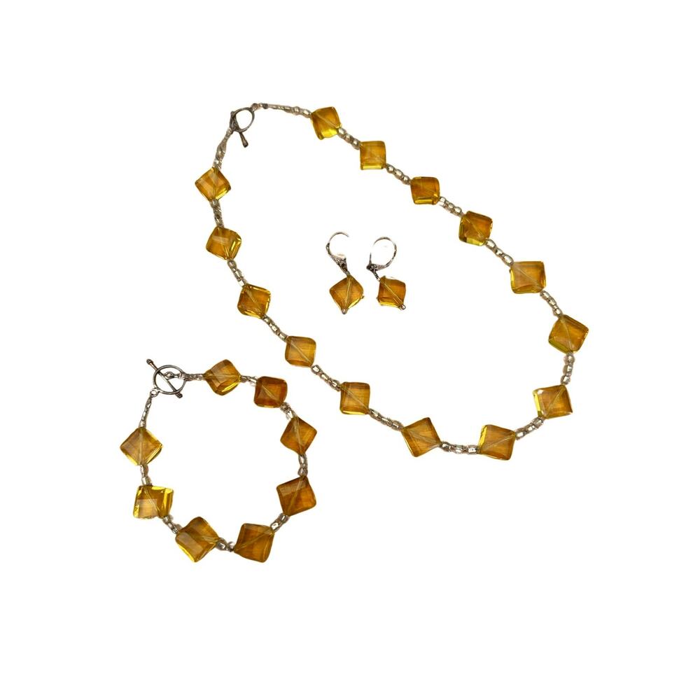Yellow Glass Three Piece Jewelry Set Necklace, Bracelet, Earrings